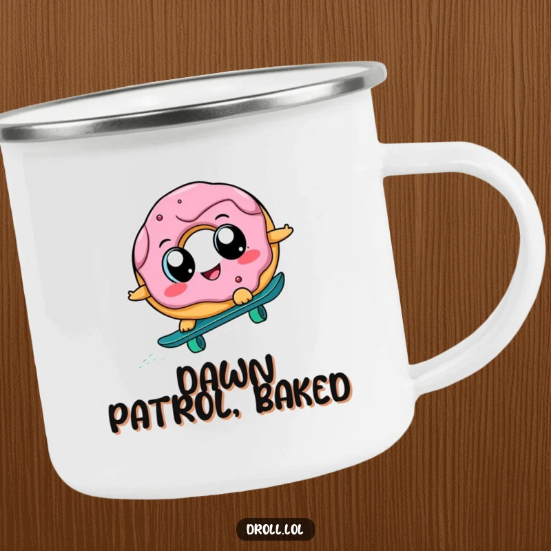 Funny donut character skateboarding downhill on a rugged camping mug, designed for outdoor enthusiasts who appreciate humor.