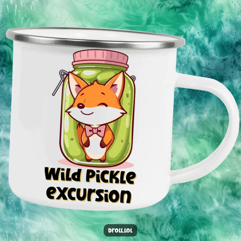 Funny Camping Mug: A fox in a pickle jar brings hilarious, absurd charm to outdoor drinks, perfect for quirky adventurers.