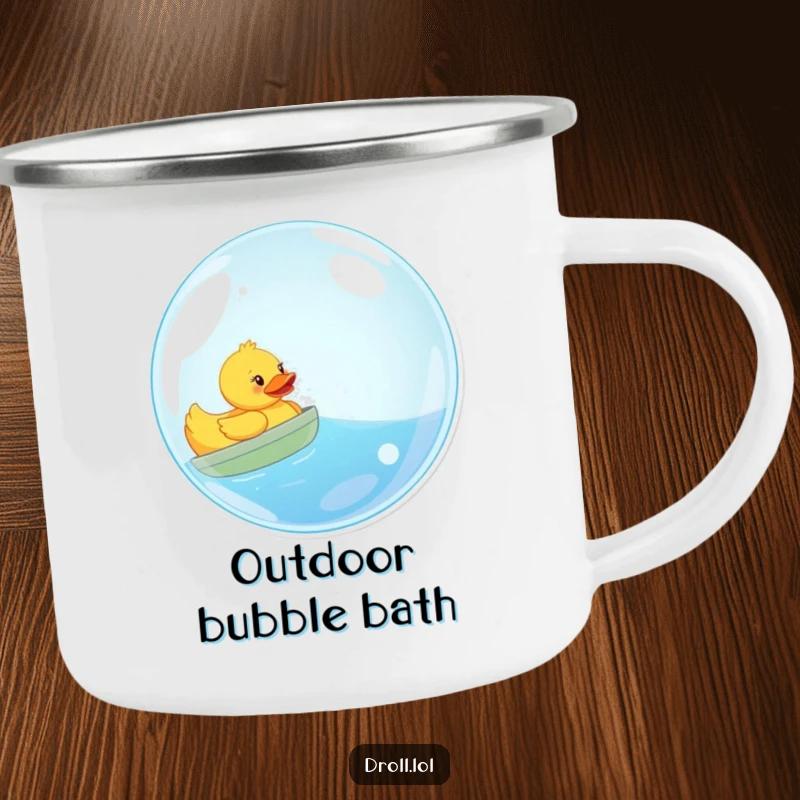Funny camping mug print of a happy rubber duck sailing in a giant bubble, ready for outdoor fun and lightheartedness.