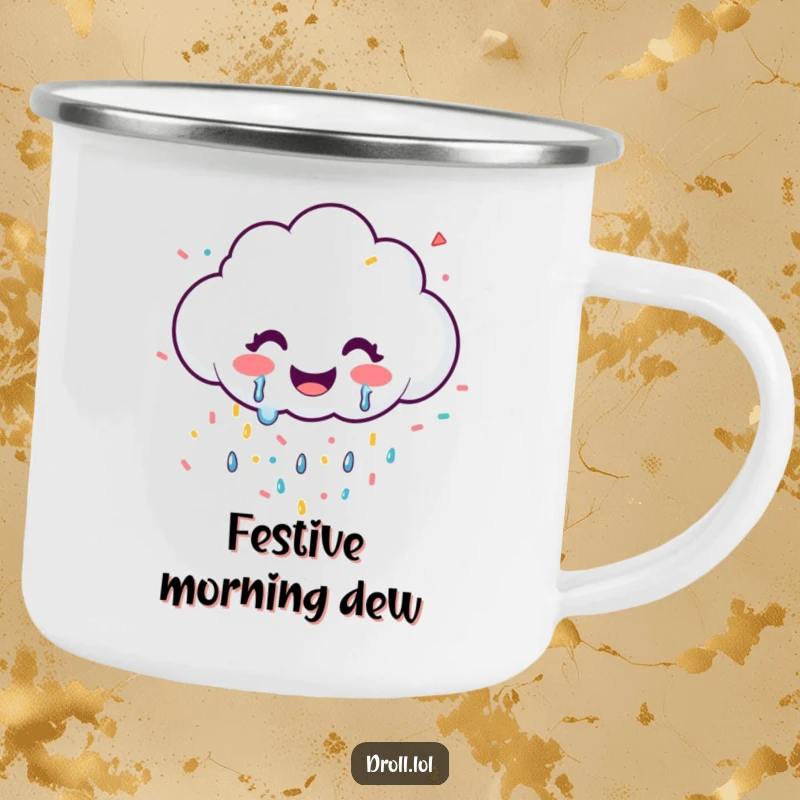 Funny camping mug with a smiling cloud releasing confetti, perfect for outdoor celebrations.
