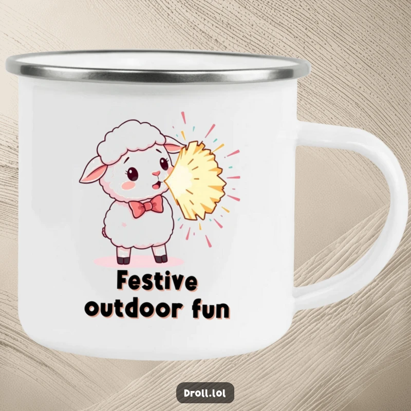 Funny camping mug featuring a sheep in a bowtie surprised by a giant, exploding party popper.