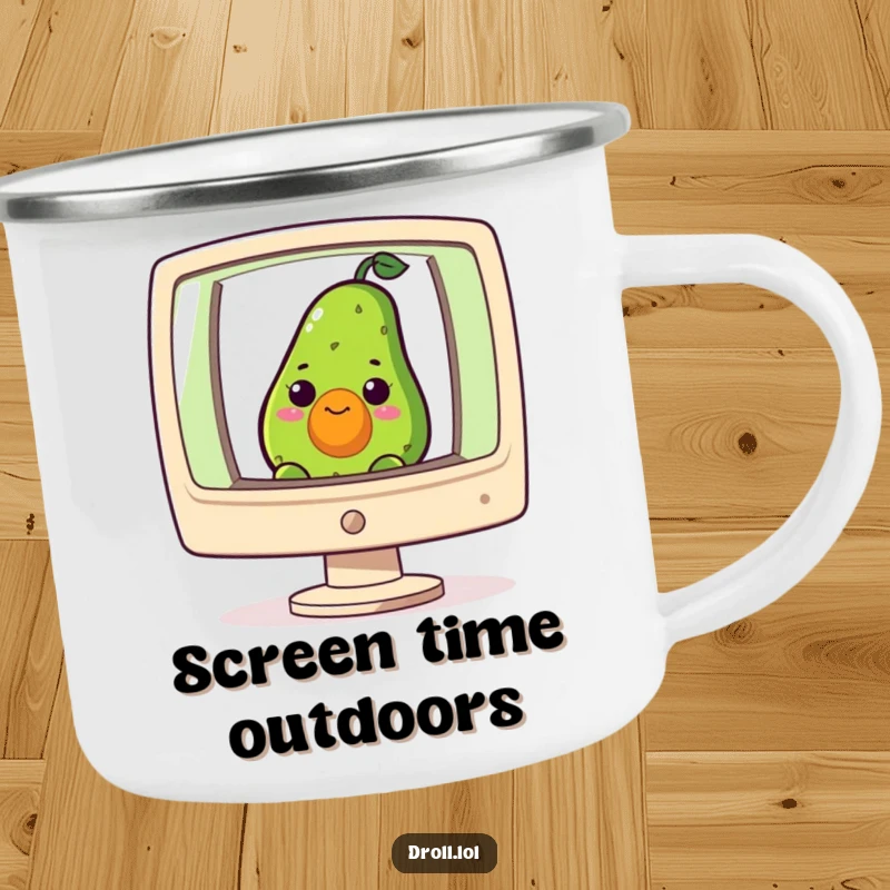 Funny camping mug with a curious avocado peeking from a giant computer screen, perfect for nerdy outdoor hydration.