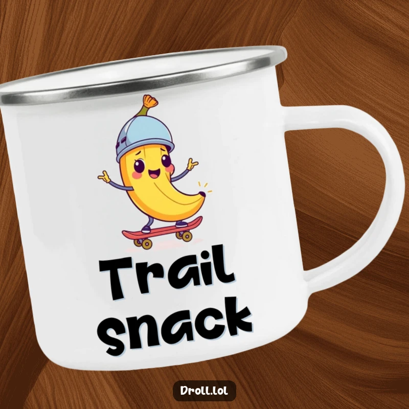 Funny Camping Mug: A happy banana peel wearing a helmet rides a skateboard. Humorous and durable for outdoor use.