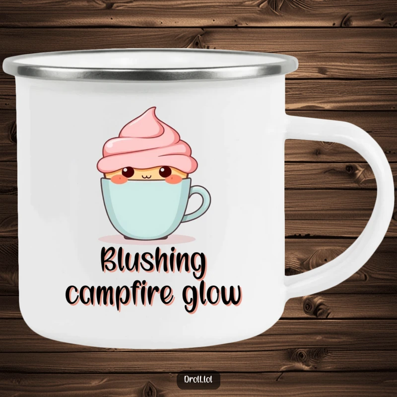 Funny blushing cupcake hiding behind a tiny coffee cup on a durable enamel camping mug.
