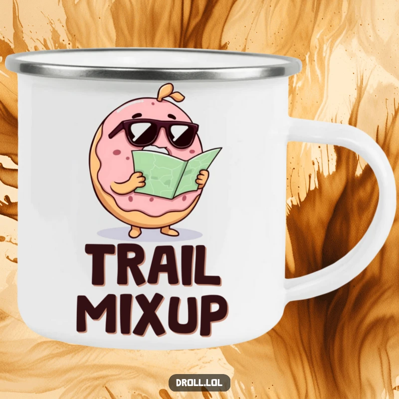 Funny donut with sunglasses and a map on a rugged camping mug, a humorous companion for outdoor excursions.