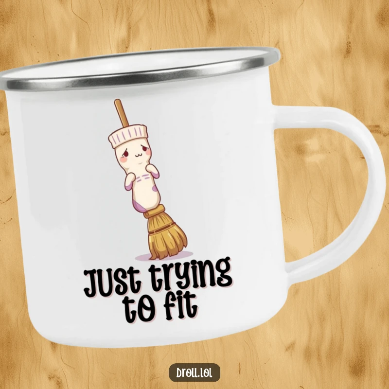 Funny camping mug featuring a confused sock trying to attach itself to a broom handle, perfect for outdoor humor.