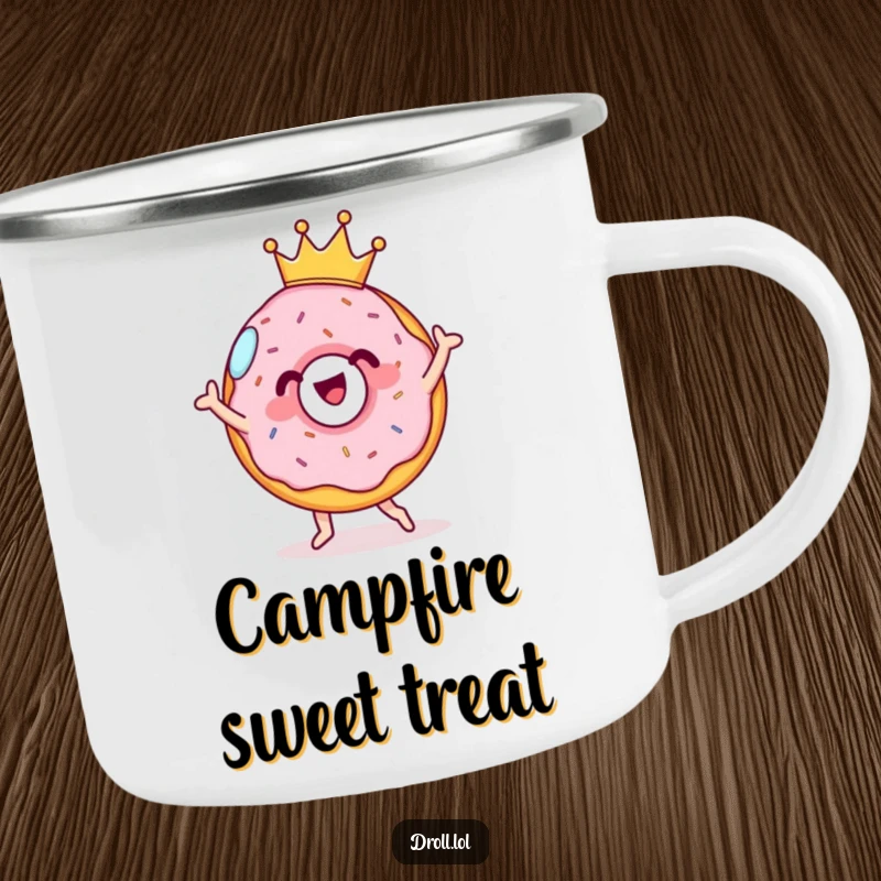 Funny cheerful donut wearing a tiny crown, performing a silly dance on a durable camping mug. Sweet and ready for outdoors.