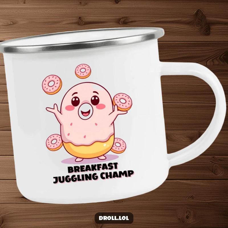 Funny donut camping mug showing a happy donut juggling donuts, perfect for outdoor enthusiasts who appreciate a humorous and durable drinkware.