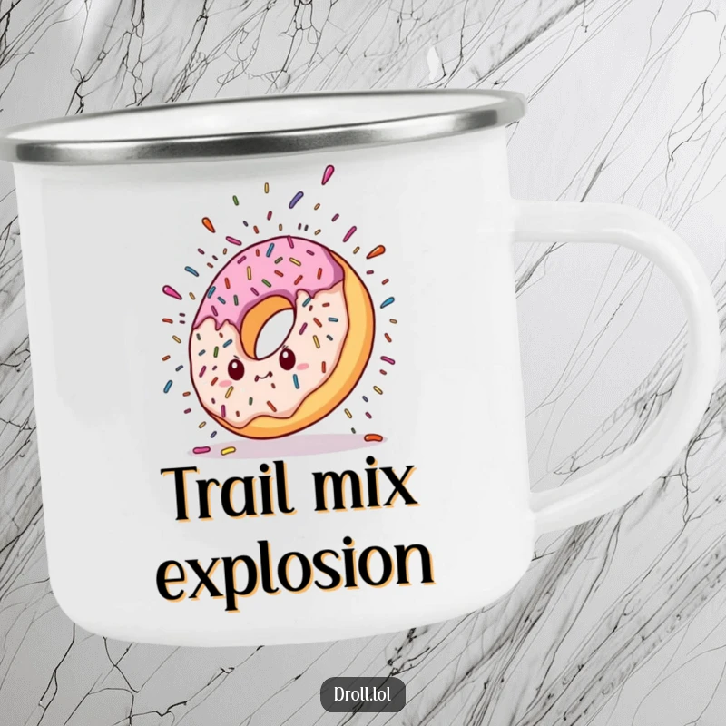 Funny camping mug featuring a donut character dramatically falling with a colorful explosion of sprinkles, perfect for outdoor enthusiasts with a sweet sense of humor.