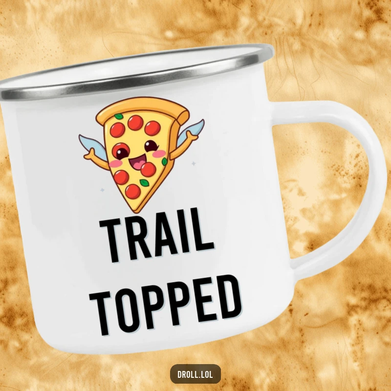 Funny happy pizza slice with pepperoni wings on a rustic camping mug, a humorous and delicious companion for outdoor journeys.