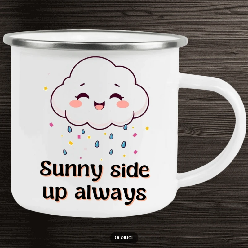 Funny happy cloud with a wide smile raining confetti, a humorous and durable camping mug.