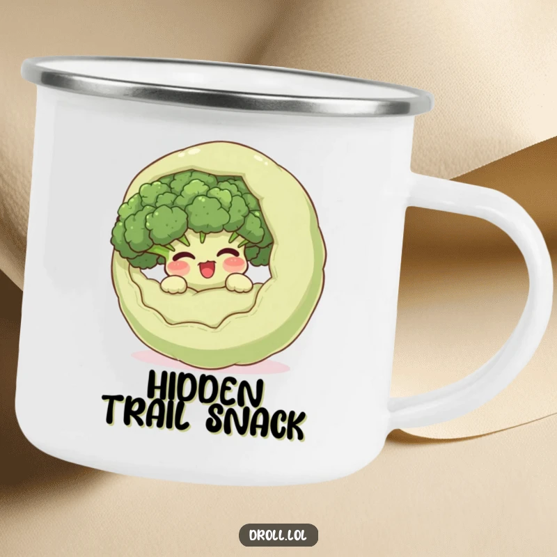 Funny giggling broccoli hiding inside a surprised vegetable on a camping mug, a humorous and delightful companion for outdoor excursions.