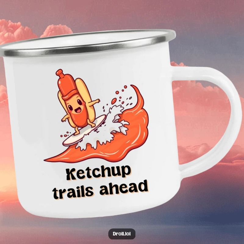 Funny hot dog character surfing a ketchup wave on a durable camping mug, perfect for outdoor adventures and humor.