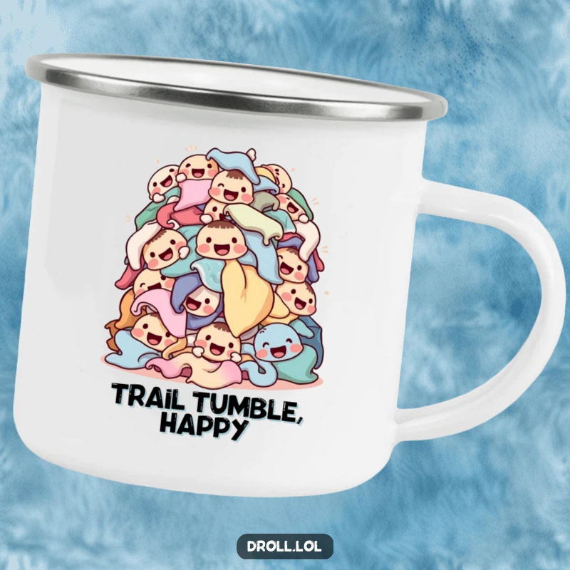 Funny laundry camping mug with a tumbling pile of happy-faced clothes, built for adventure and adding cheerful humor to outdoor drinks.