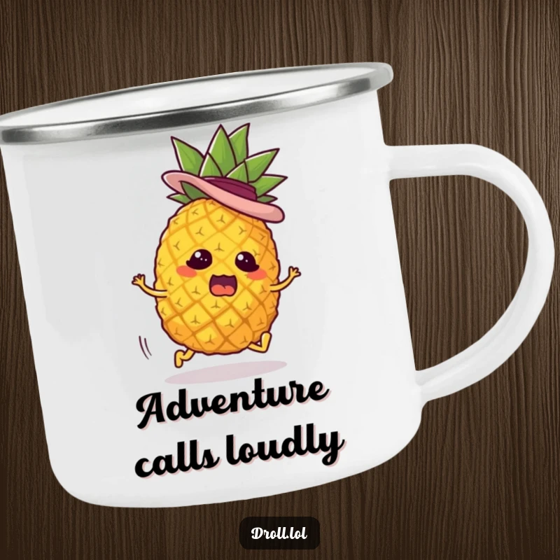 Funny camping mug featuring a panicked pineapple character on tiny legs with a jaunty hat, running away, perfect for outdoor enthusiasts with a sense of humor.