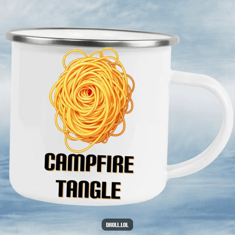 Funny spaghetti swirl camping mug, durable for adventure, showing a tangled design of spaghetti.