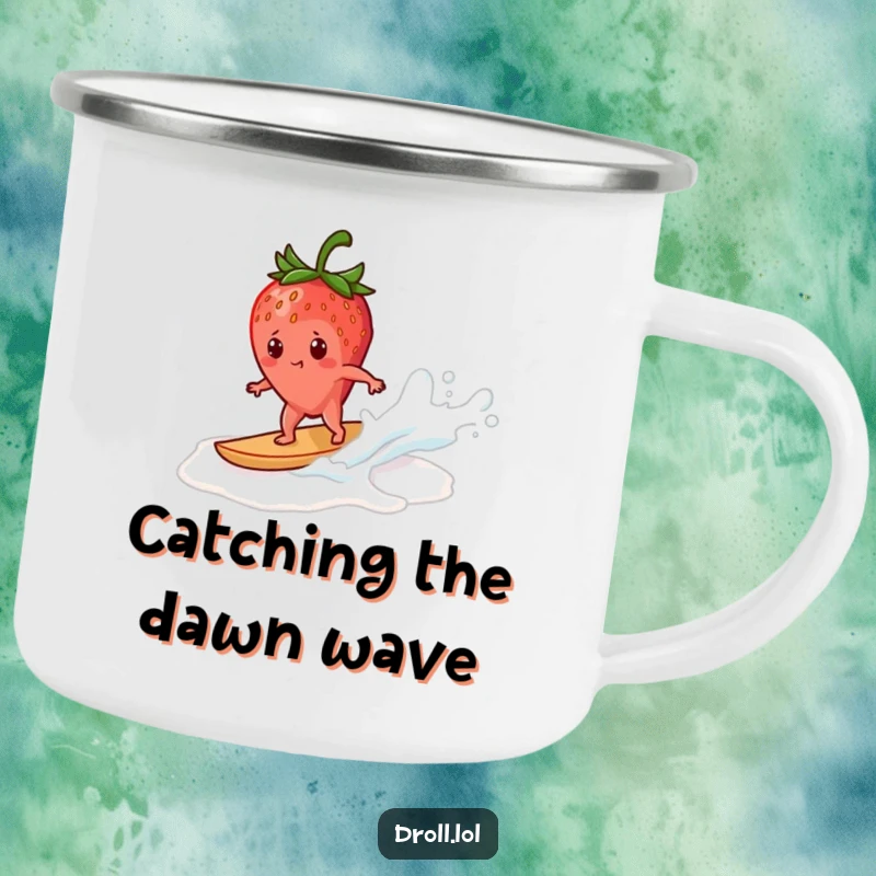 Funny strawberry camping mug showing a determined strawberry surfing a milk wave, perfect for outdoor enthusiasts who enjoy a good laugh.