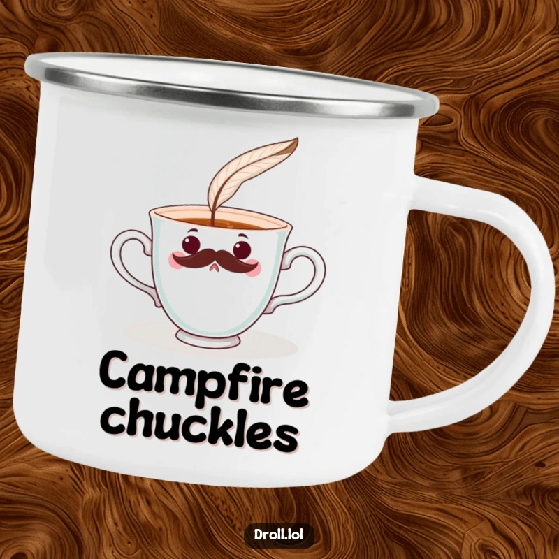 Funny surprised teacup with a mustache being tickled by a feather on a durable camping mug. Whimsical and ready for outdoors.