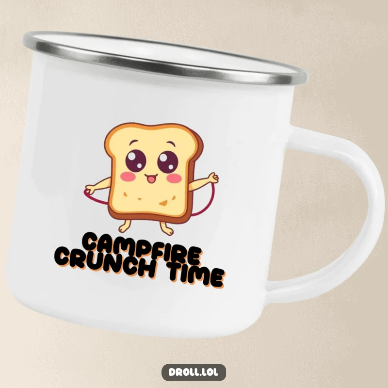 Funny toast with googly eyes jumping rope, a humorous and durable camping mug for adventurers.