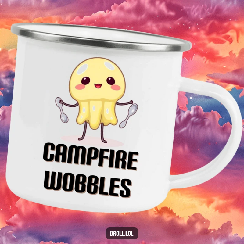Funny Camping Mug: A wobbly jelly attempting to juggle three spoons. Humorous and durable for outdoor use.