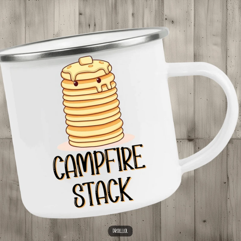 Funny wobbly pancake camping mug, durable for the outdoors, showing pancakes in a balancing act.
