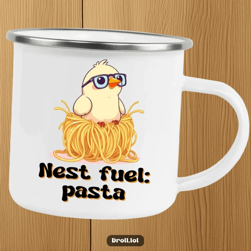Funny camping mug featuring a bird wearing glasses comically trying to build a nest using huge spaghetti noodles.