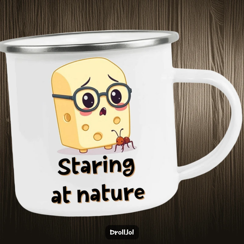 Funny cheese character in spectacles observing an ant on a camping mug, combining outdoor themes with whimsical humor.
