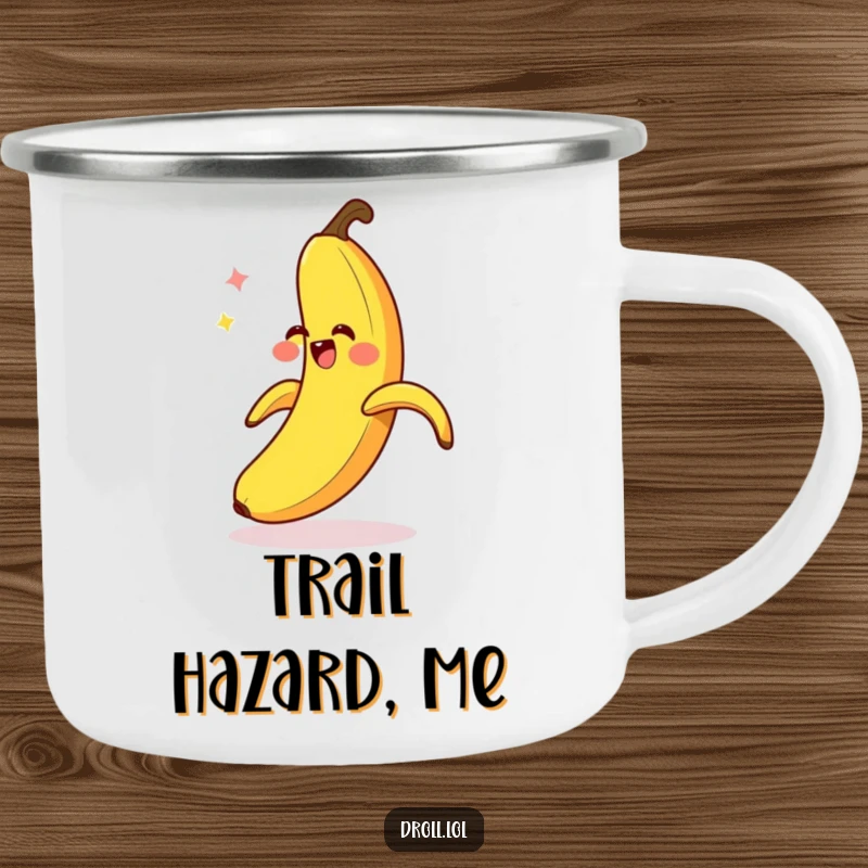 Funny Banana Slip Camping Mug: A giggling banana peel comically slips on itself, a humorous and durable mug for outdoor fun.