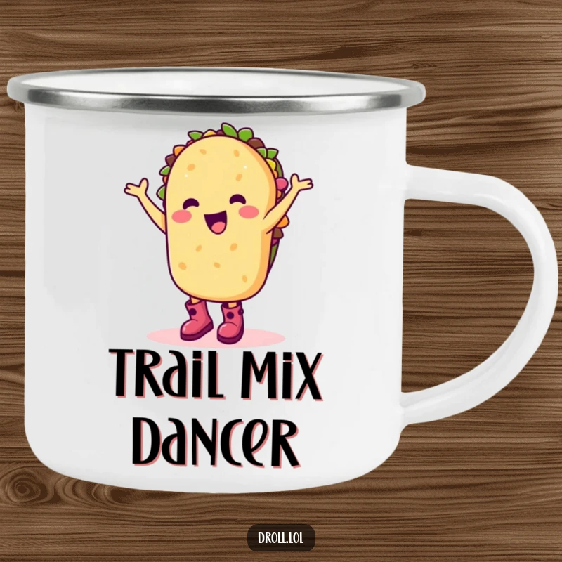 Funny camping mug with a happy taco character in boots doing a silly dance, ideal for outdoor fiestas.
