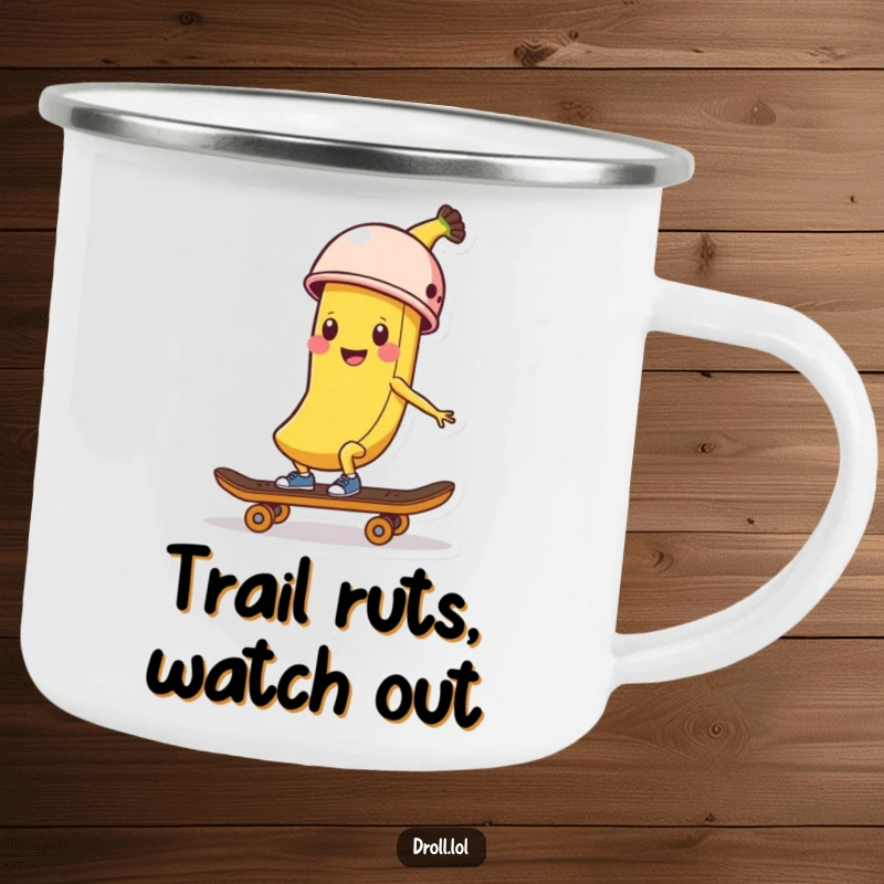 Funny Banana Skater Camping Mug: A happy banana peel wearing a helmet skates on this durable mug for outdoor fun.