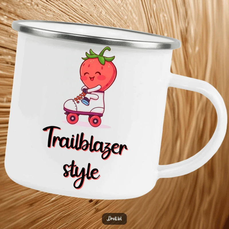 Funny Camping Mug: A blushing strawberry riding a roller skate backwards. Retro, humorous, and durable for outdoors.