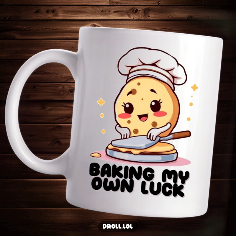 Funny mug showing a determined cookie wearing a chef hat, expertly flipping a stack of pancakes.