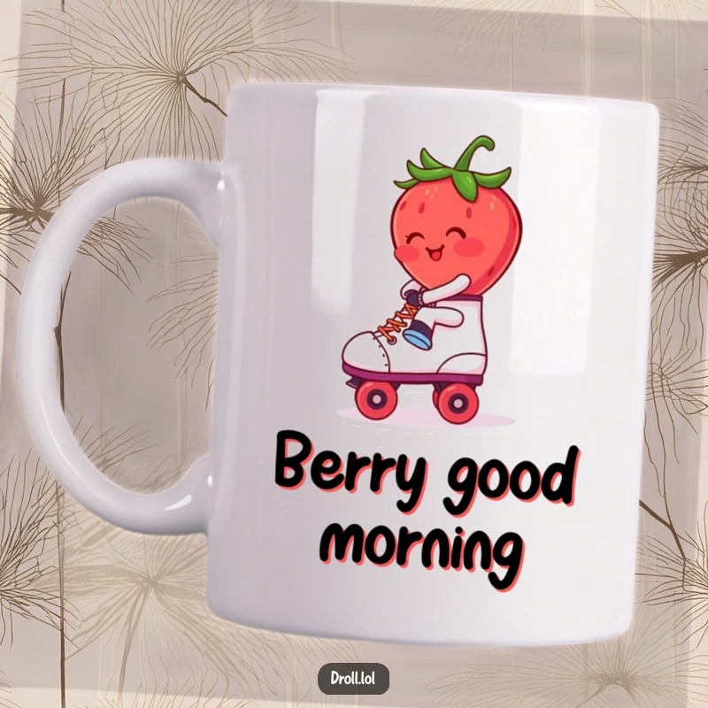 Funny Mug: A blushing red strawberry comically riding backwards on a vintage roller skate. Whimsical and fun illustration.