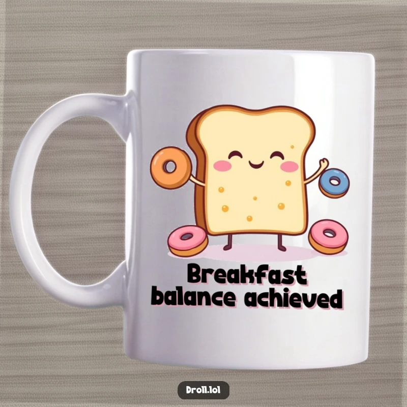 Funny mug showing a cheerful slice of toast happily juggling small donuts, representing breakfast joy.