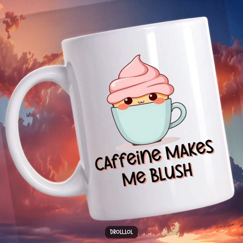 Funny blushing cupcake trying to hide behind a small coffee cup on a charming ceramic mug.