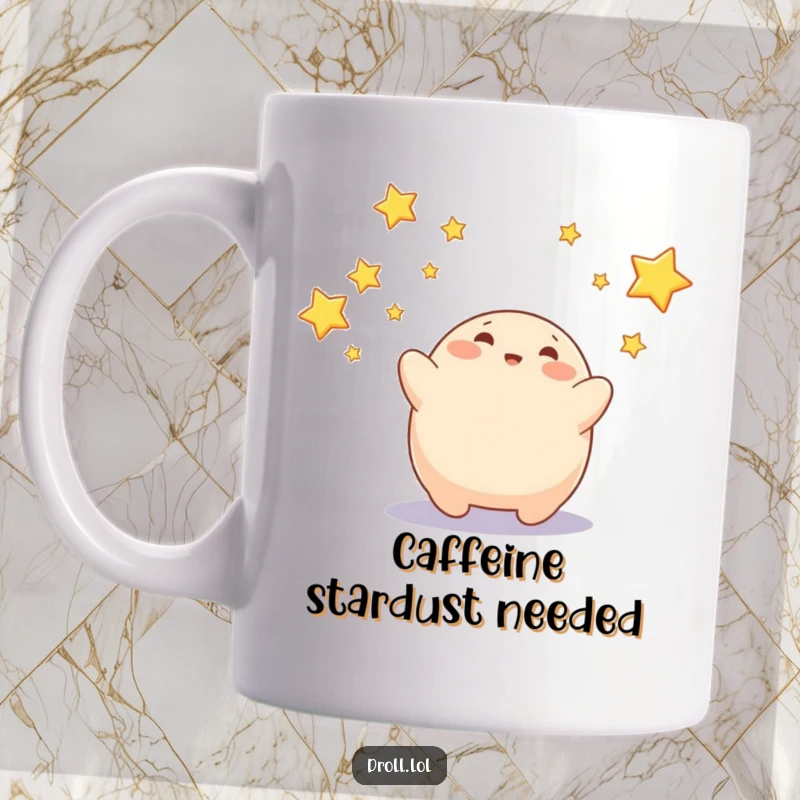 Funny mug showing a cute, playful blob character enthusiastically trying to catch shimmering falling stars.