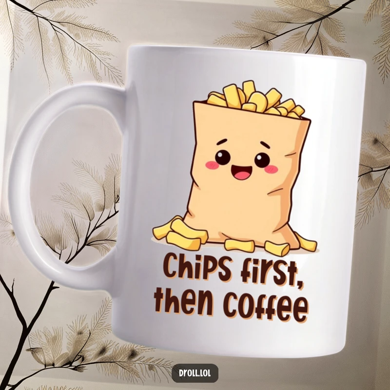 Funny mischievous potato peeking from behind a huge bag of chips on a humorous ceramic mug.