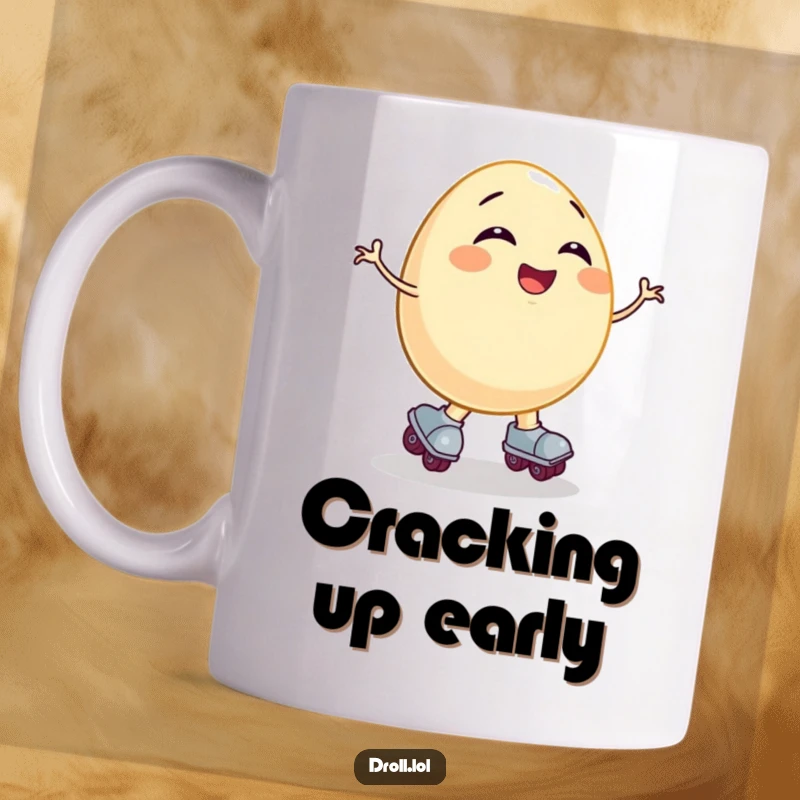 Funny mug showing a giggling cartoon egg in roller skates losing its balance and falling comically, radiating pure silliness.