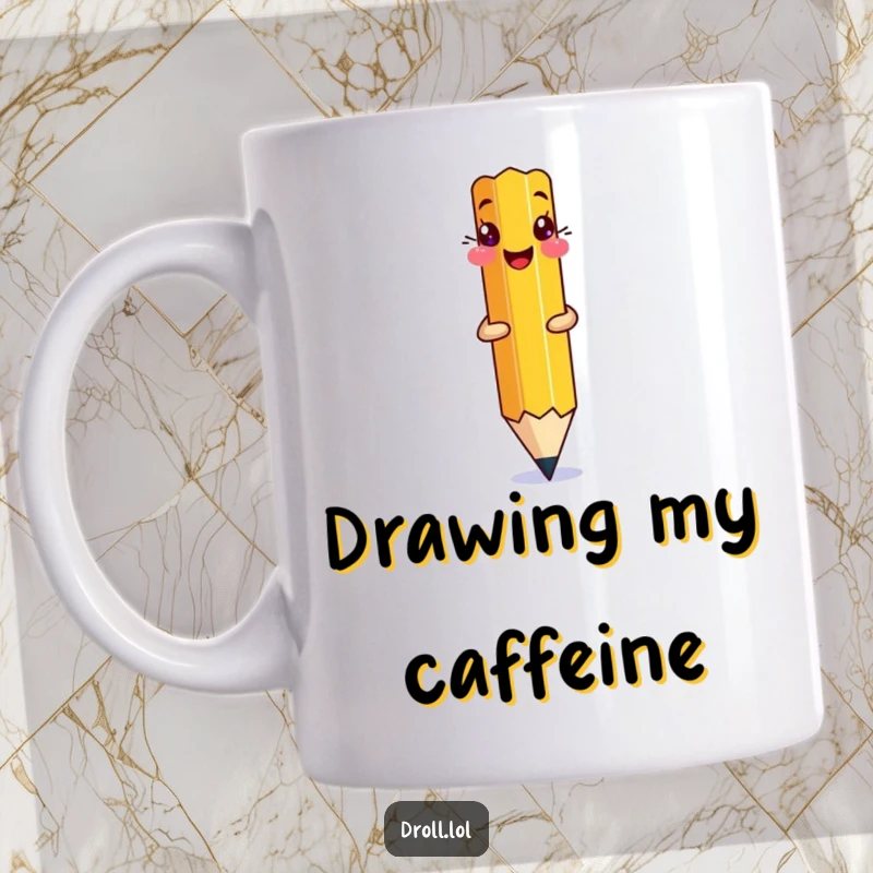 Funny Pencil Drawing Mug: A giggling pencil drawing itself onto the page with its own tip.