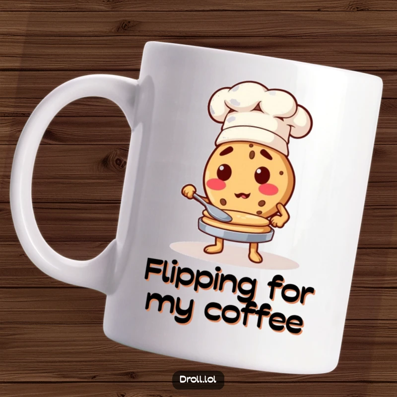 Funny cookie wearing a chef hat determinedly flipping pancakes, showcasing culinary skill and humor.