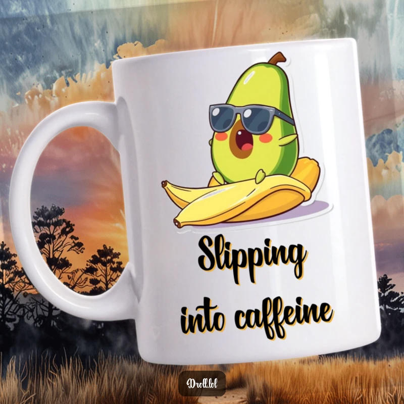 Funny mug featuring a surprised avocado in sunglasses slipping dramatically on a banana peel, capturing a moment of comical misfortune.