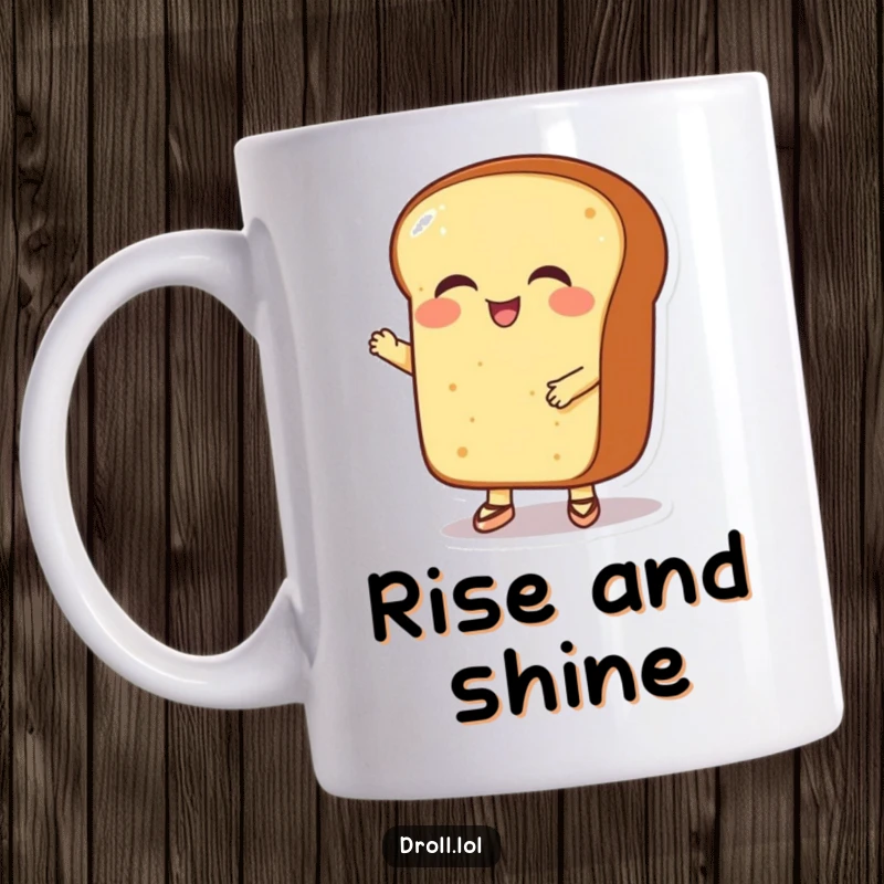 Funny giggling bread loaf wearing tiny ballet shoes, doing a ballet pose on a delightful mug.