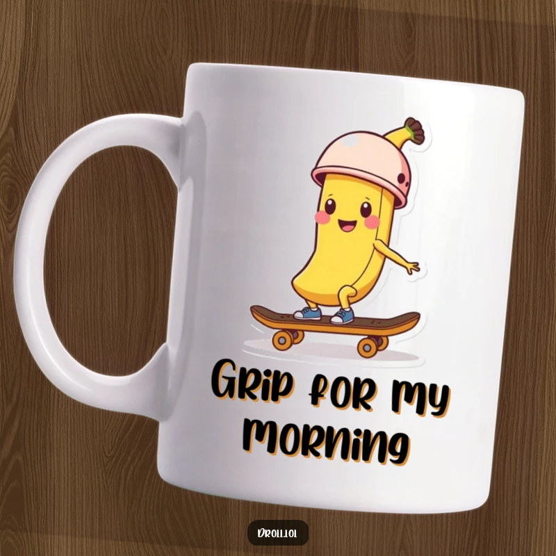 Funny Banana Peel Mug: A happy banana peel confidently rides a skateboard wearing a tiny helmet, showcasing adventurous spirit.