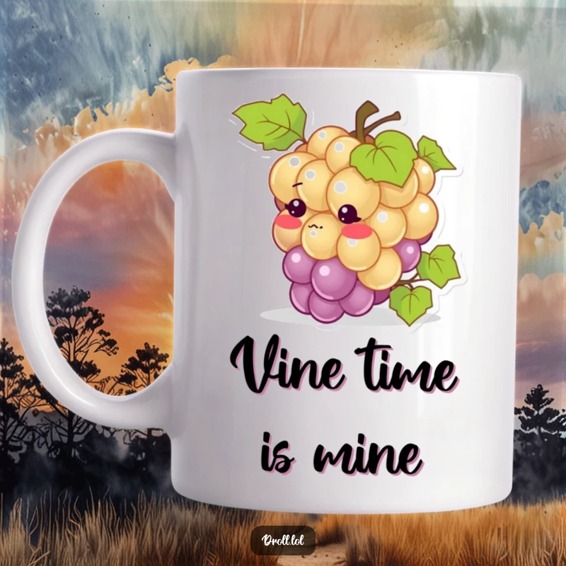 Funny mug: A grape blushing intensely after tripping over its own vine, looking embarrassed and cute.