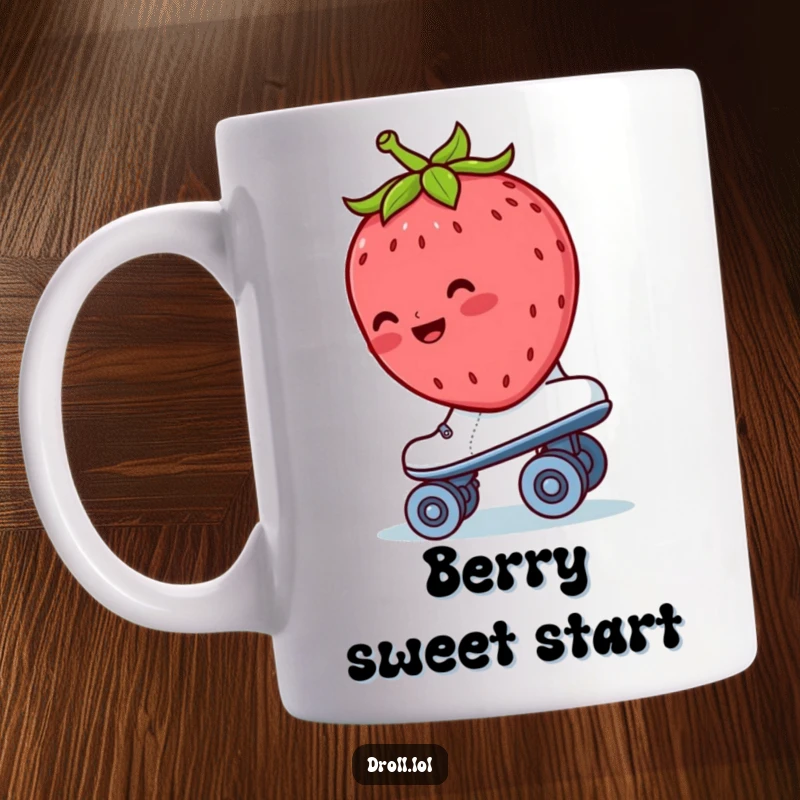 Funny strawberry mug showing a blushing strawberry riding backwards on a roller skate, radiating shy excitement and retro fun.
