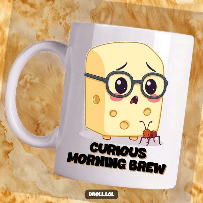 Funny block of cheese with spectacles observing an ant, capturing a moment of whimsical curiosity on a mug.