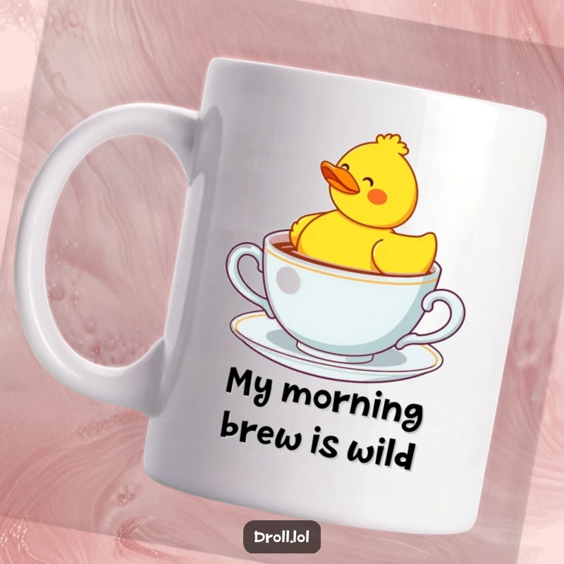 Funny rubber duck looking bewildered while floating in a massive teacup, perfect for a humorous gift.