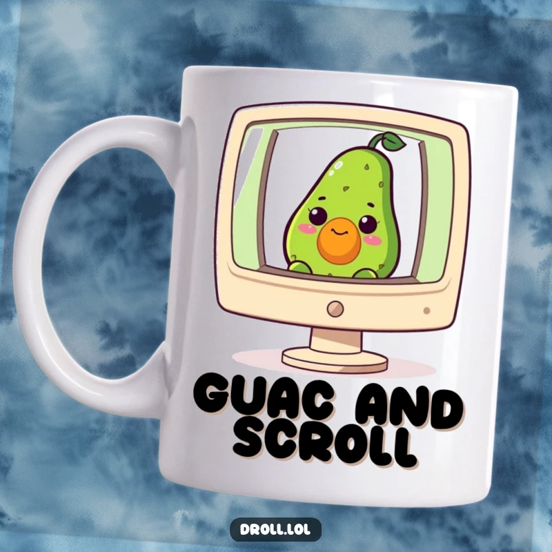 Funny mug featuring a curious avocado peeking from a giant computer screen, blending tech and food humor.