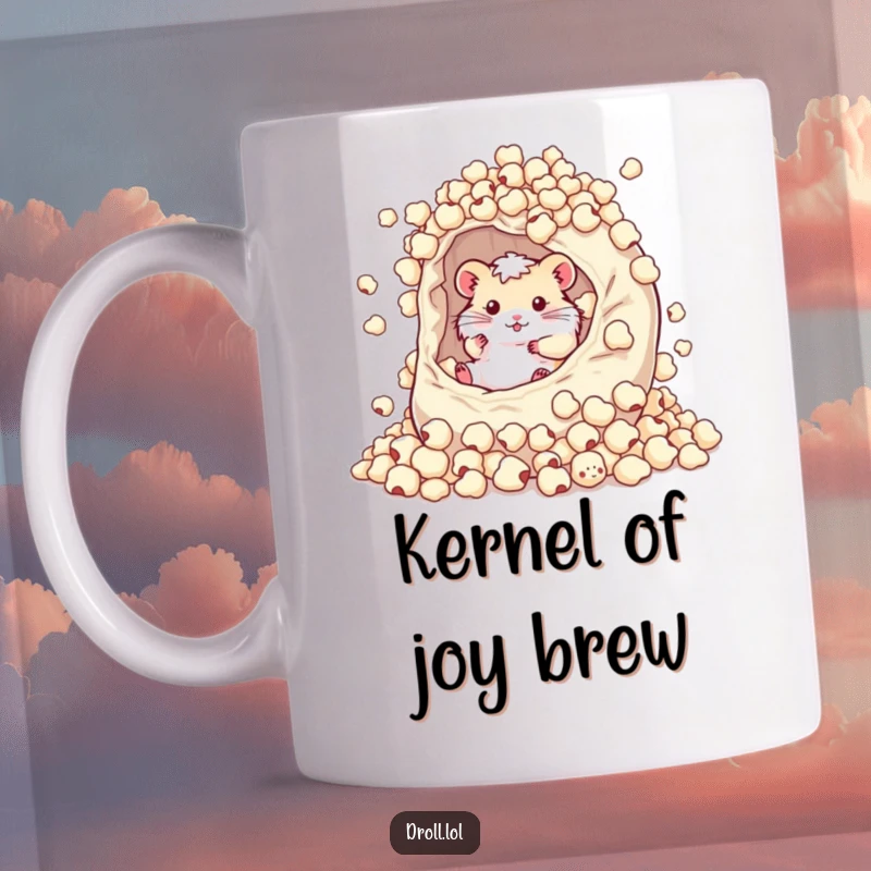 Funny mug showing a happy hamster blissfully rolling around inside a giant, overflowing bag of popcorn kernels, embracing snack chaos.