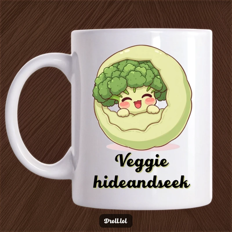 Funny giggling broccoli hiding inside a larger, surprised vegetable, printed on a mug, showcasing a humorous and sneaky garden character.